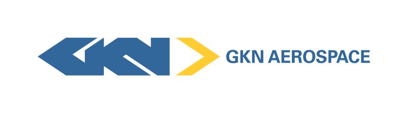 Logotyp för GKN Aerospace med blå stiliserade bokstäver och en gul pil, följt av företagsnamnet i blå text.