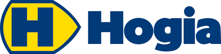 Hogia logotyp med ett blått "H" inuti en gul sköldform, följt av ordet "Hogia" i blå text.