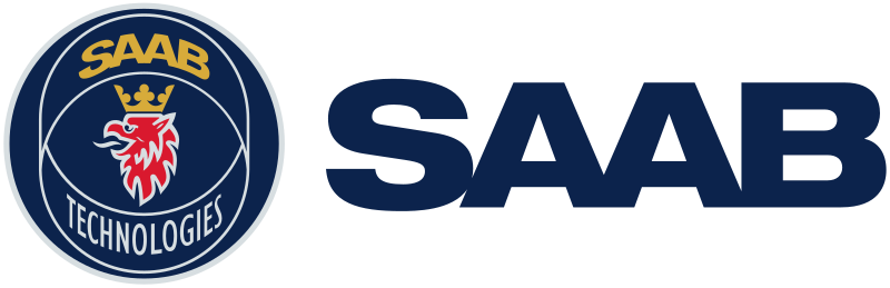 SAAB Technologies logotyp med ett krönt rött djuremblem i en cirkel och ordet "SAAB" i fetblå bokstäver.