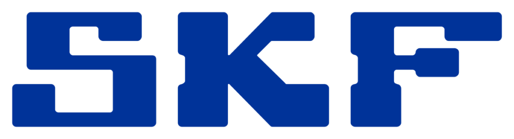 Blå "SKF"-logotyp i fet stil, blockbokstäver på vit bakgrund.