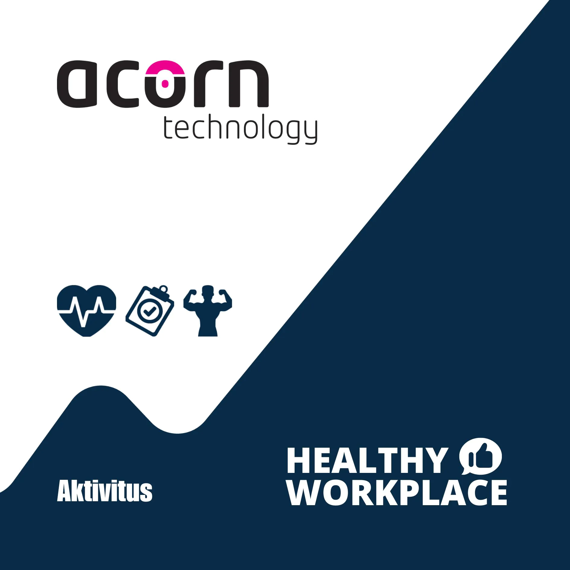 Acorn Technology-logotyp med ikoner med hälsotema, inklusive hjärtslag, checklista och böjande arm. Text: "Aktivitus" och "Hälsosam arbetsplats.