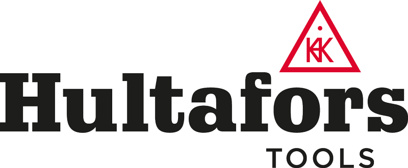 Hultafors Tools logotyp med fet text och en röd triangel med en symbol inuti.