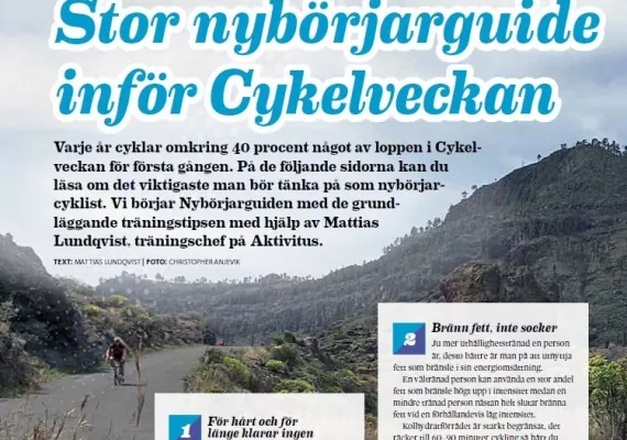 Naturskönt kuperat landskap med cyklister på en stig. Stor titeltext på svenska om en nybörjarguide för cykelveckan. Text och ett litet foto av en man i bottenartiklar.