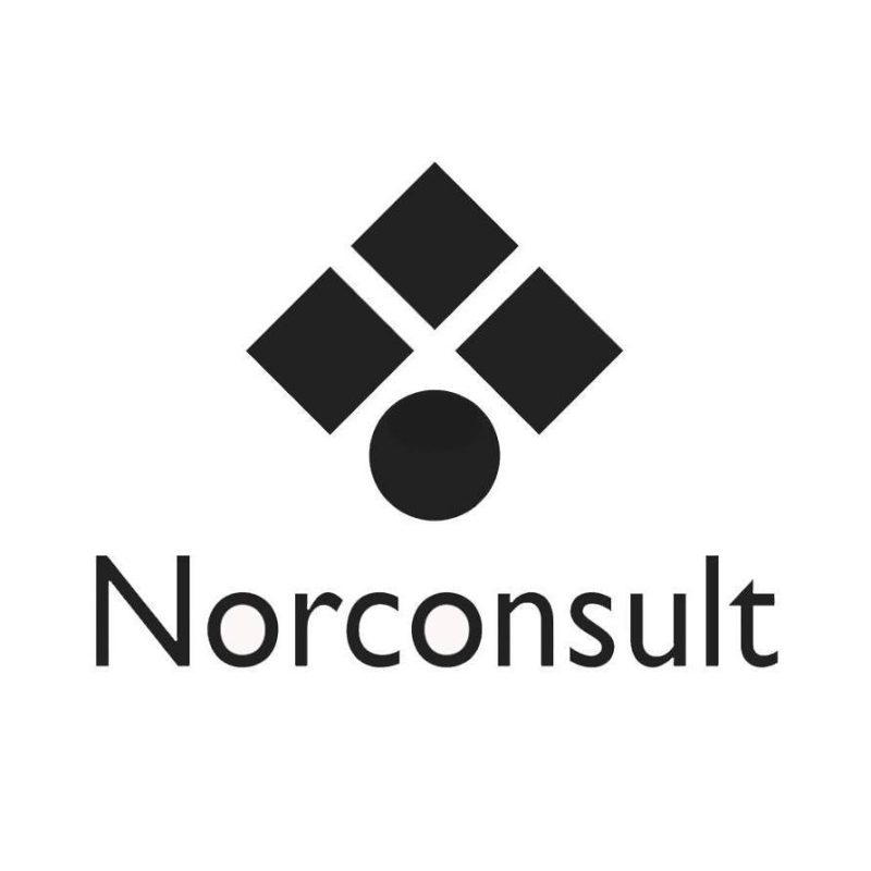 Svart och vit logotyp för Norconsult, med tre rutor arrangerade i en triangel ovanför en cirkel, med namnet "Norconsult" under.