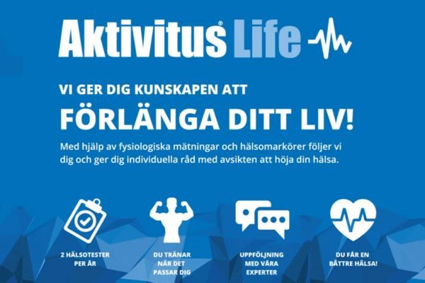 Annons för Aktivitus Life som främjar personliga hälsotjänster, med ikoner för hälsokontroller, flexibel utbildning, expertråd och förbättrade hälsofördelar, med text på svenska.