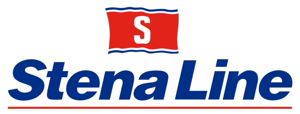 Stena Lines logotyp med en röd flagga med ett vitt "S" ovanför den blå texten "Stena Line" på vit bakgrund.