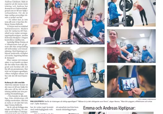 Ett collage med bilder på gymträning, med två personer som tränar på maskiner och granskar data på en surfplatta. En textartikel om fitness med flera kolumner är synlig till vänster.