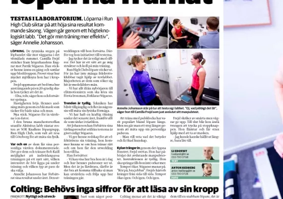 Tidningssida som visar en artikel med en bild som visar människor i en labbmiljö. Rubriktexten är fetstil och olika textblock finns genomgående.