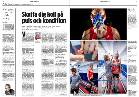 Tidningsuppslag på två sidor med en man som bär andningsmask under ett konditionstest. Den övre vänstra textkolumnen och flera mindre bilder som visar olika testaspekter och individer.