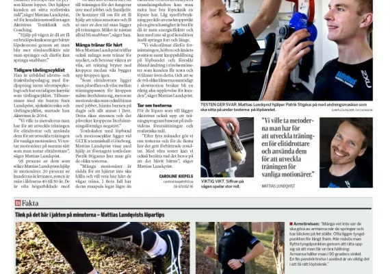 En tidningssida med flera bilder på människor som ägnar sig åt träning och vätskeaktiviteter, åtföljd av svensk text och bildtexter om träning och hälsoråd.