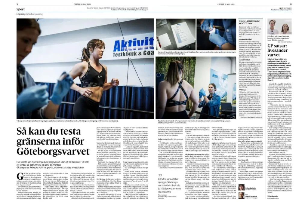 En tidningssida med bilder på kvinnor som springer och testas. Rubriken läser om testgränser innan ett löpande evenemang. Text och kolumner beskriver träningstips och relaterade artiklar.