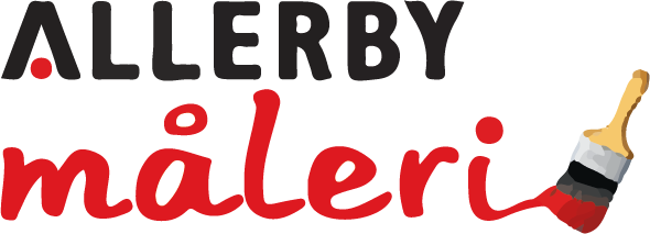 Logotyp med texten "ALLERBY måleri". "måleri" är målad i rött med en pensel som ersätter pricken över "i.