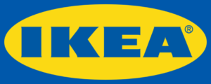 IKEA-logotypen med varumärket i blått, placerad i en gul oval mot en blå bakgrund.