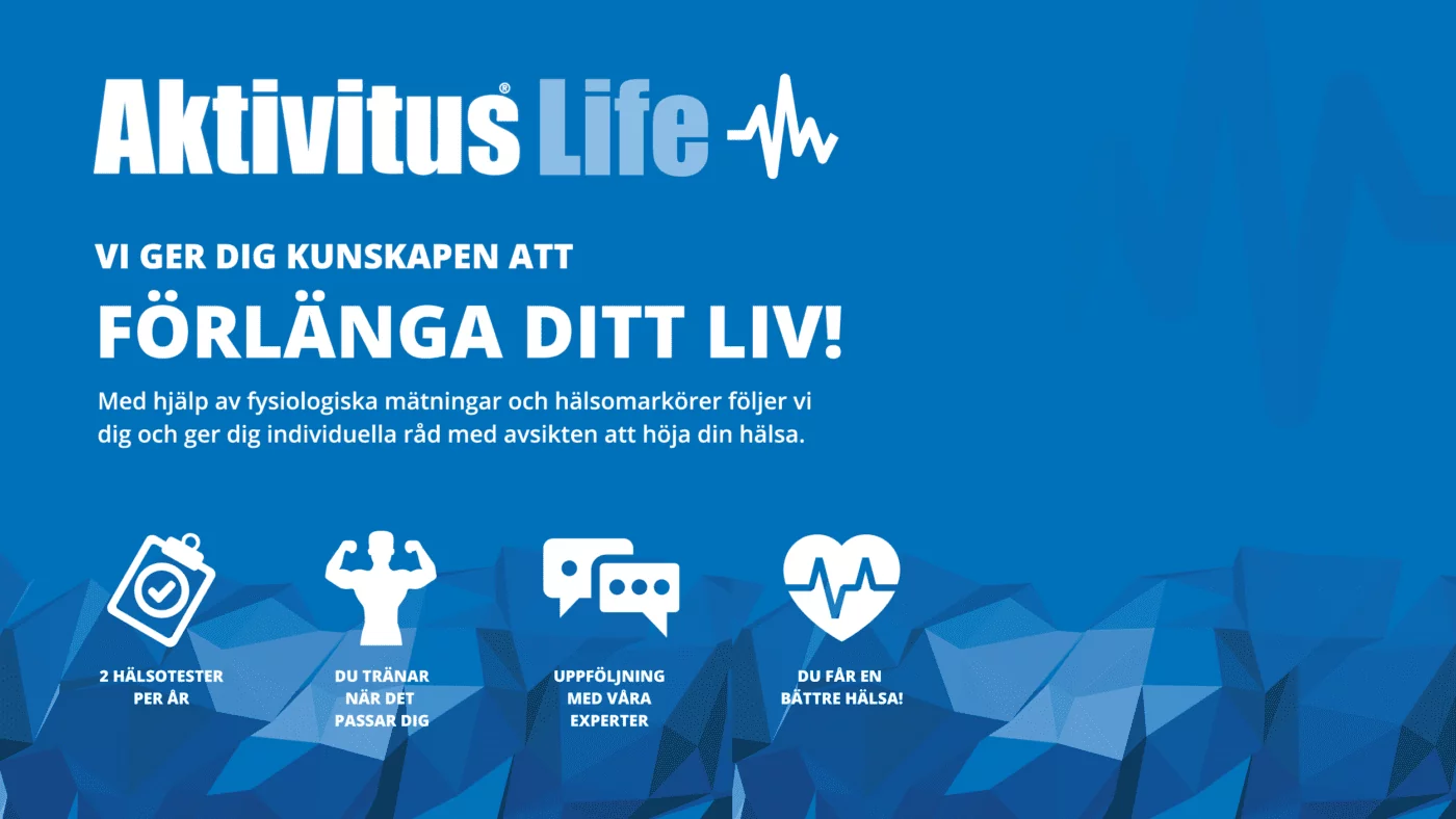 Blå informationsaffisch för Aktivitus Life med text om hälsooptimering med ikoner som visar hälsotester, expertuppföljning och personlig träning.