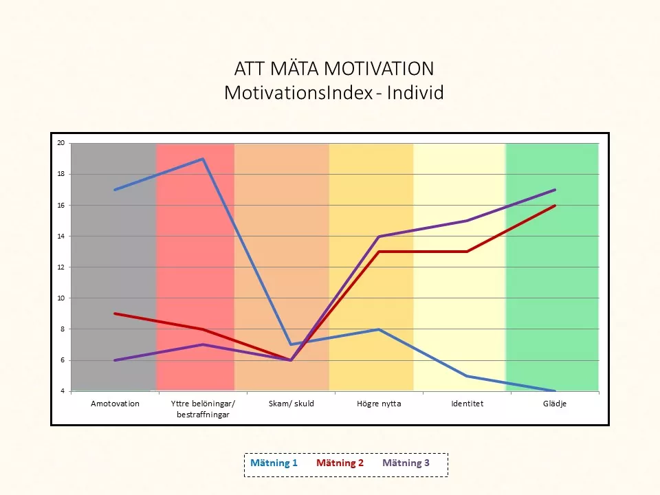 Diagram som visar motivationsnivåer i sex kategorier: "Amotivation", "Externa belöningar/straff", "Skam/skuld", "Högre nytta", "Identitet" och "Glädje" över tre mätningar.