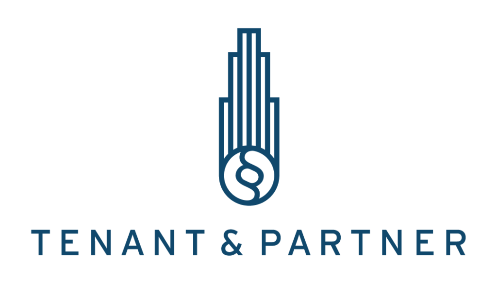 Blå logotyp med stiliserad vertikal design ovanför texten "TENANT & PARTNER.