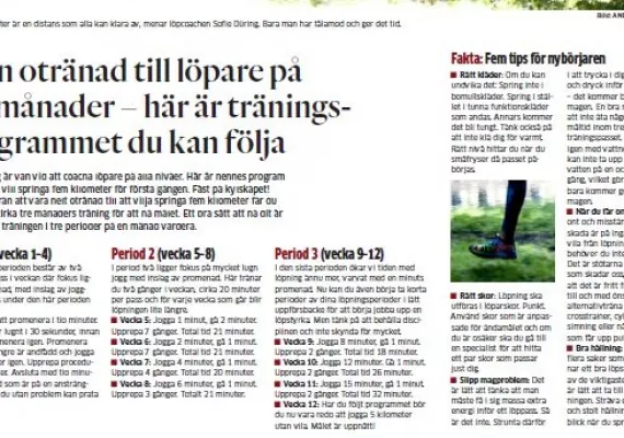 Svenskt tidningsklipp med löpträningsprogram. Text täcker olika träningsperioder, tips för nybörjare och en bild av en person som springer på gräs.