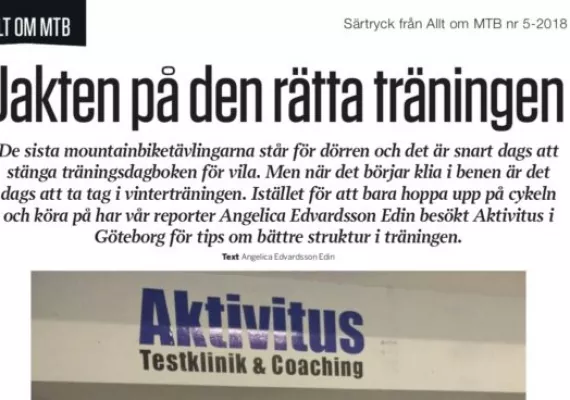 Artikel med titeln "Jakten på den rätta träningen" med svensk text som diskuterar mountainbiketräning. Har en skylt med texten "Aktivitus Testklinik & Coaching.