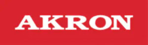 Röd rektangel med ordet "AKRON" i feta vita versaler centrerat på den.